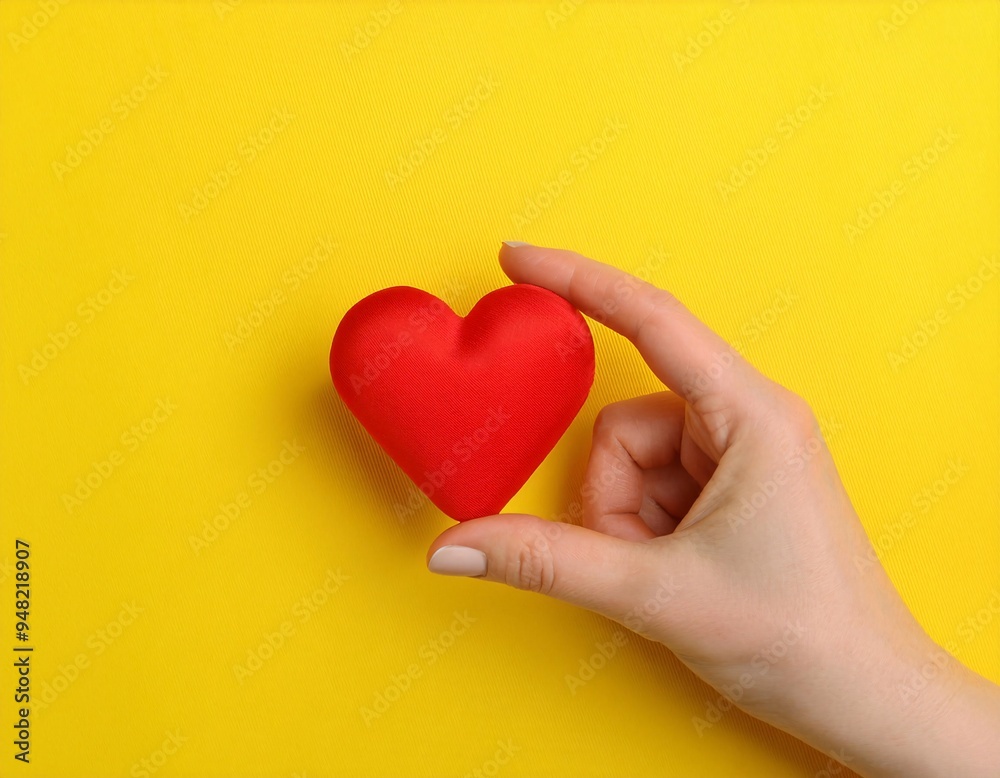 Fototapeta premium The hand holds a red love symbol, displaying a message of love and affection, generative ai