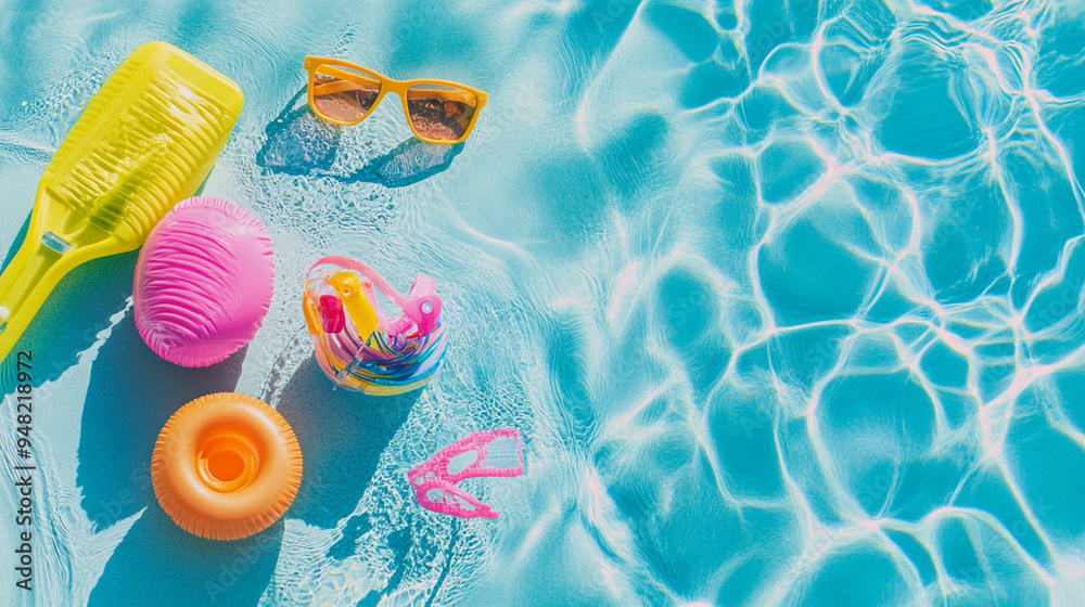 Bright Summer Beach Vacation Accessories Arranged on Blue Background. Bright Summer Beach Vacation Accessories Arranged on Blue Background.