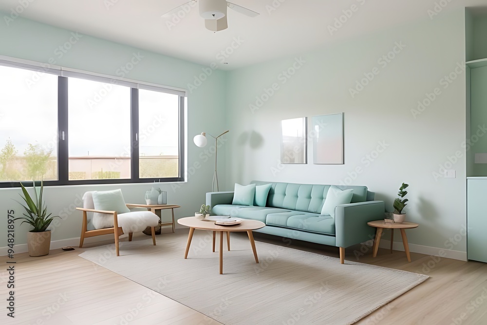 Fototapeta premium Modern living room with turquoise worn-effect wall.