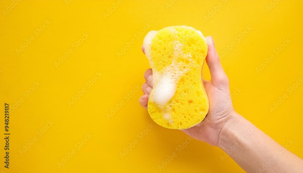 Hand holding washing sponge, generative ai Hand holding washing sponge, generative ai