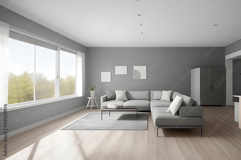 Fototapeta premium Modern living room with gray textured wall.