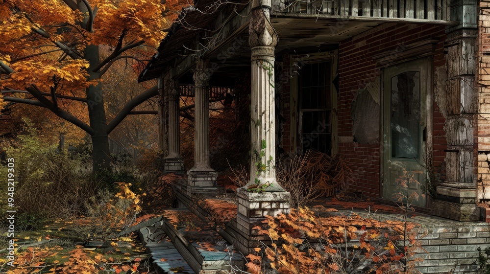 Illustrate a broken-down house with a dilapidated porch and damaged walls. Illustrate a broken-down house with a dilapidated porch and damaged walls.