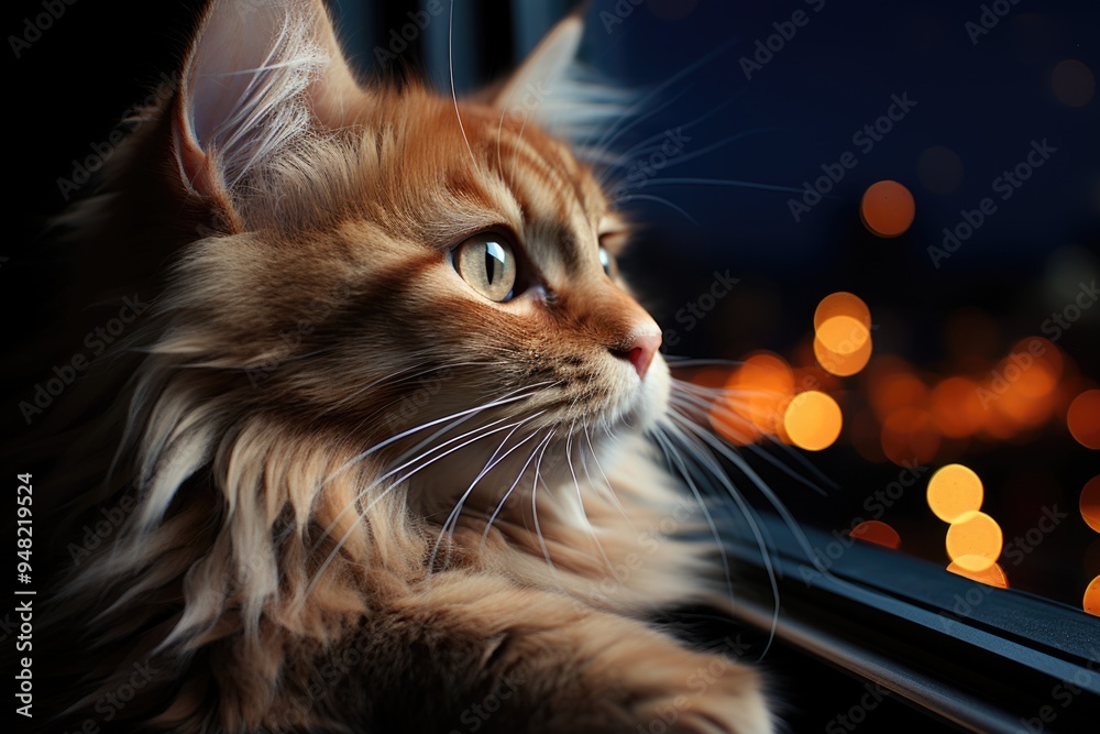 Cat sitting on the window sill over the city in the background, generative IA Cat sitting on the window sill over the city in the background, generative IA