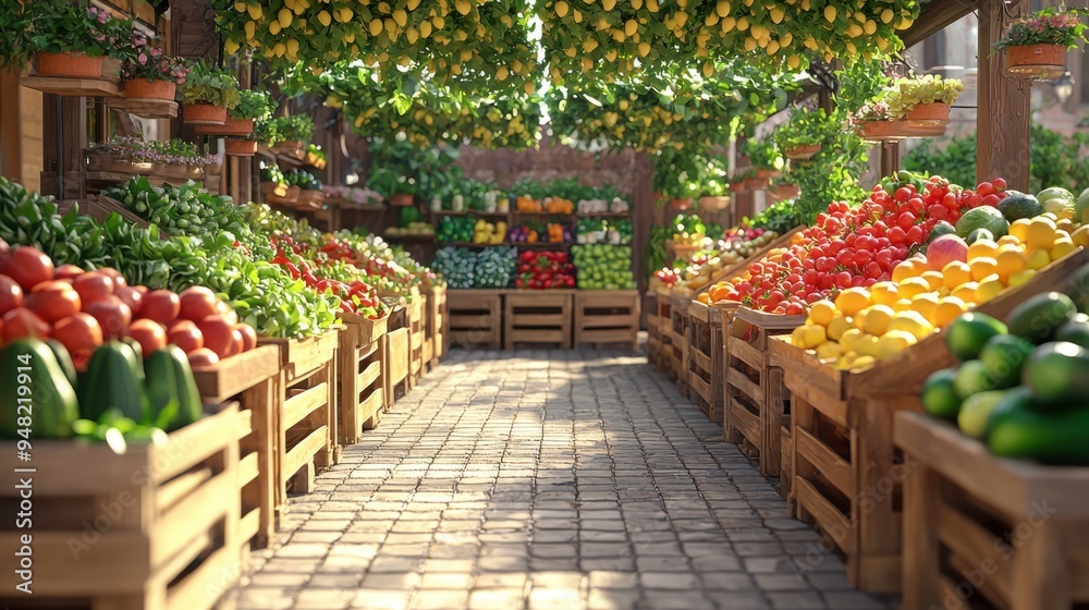 Vibrant Organic Vegetable Market with Fresh Produce Stalls - 3D Illustration of Farm-Fresh Goodness Vibrant Organic Vegetable Market with Fresh Produce Stalls - 3D Illustration of Farm-Fresh Goodness