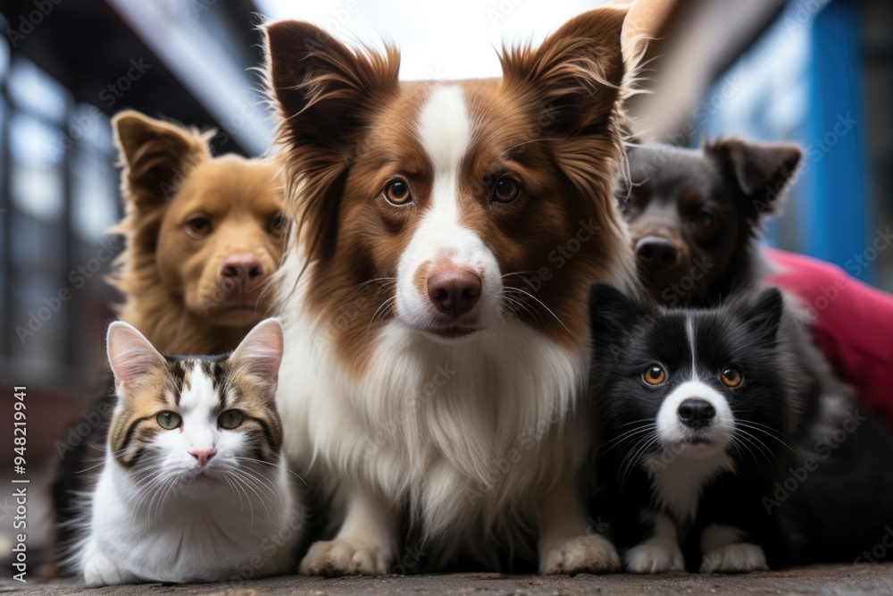 Group of pets posing around a border collie dog, cat, ferret, rabbit, bird, fish, generative IA Group of pets posing around a border collie dog, cat, ferret, rabbit, bird, fish, generative IA