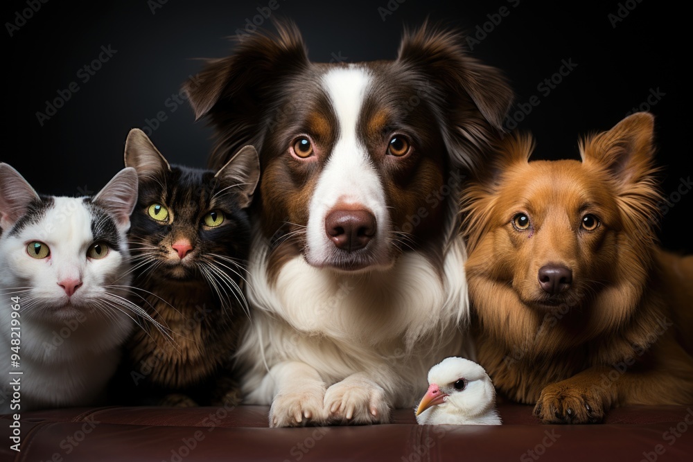 Obraz premium Group of pets sitting in front of the white background, generative IA