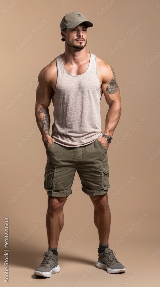 The man stands with hands in cargo shorts pockets, displaying impressive muscles while looking directly at the camera with a relaxed expression The man stands with hands in cargo shorts pockets, displaying impressive muscles while looking directly at the camera with a relaxed expression