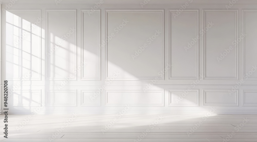 Obraz premium The interior is both serene and spacious, boasting pristine white walls, a beautifully smooth hardwood floor, and soft, gentle sunlight that streams through a window, creating a peaceful atmosphere
