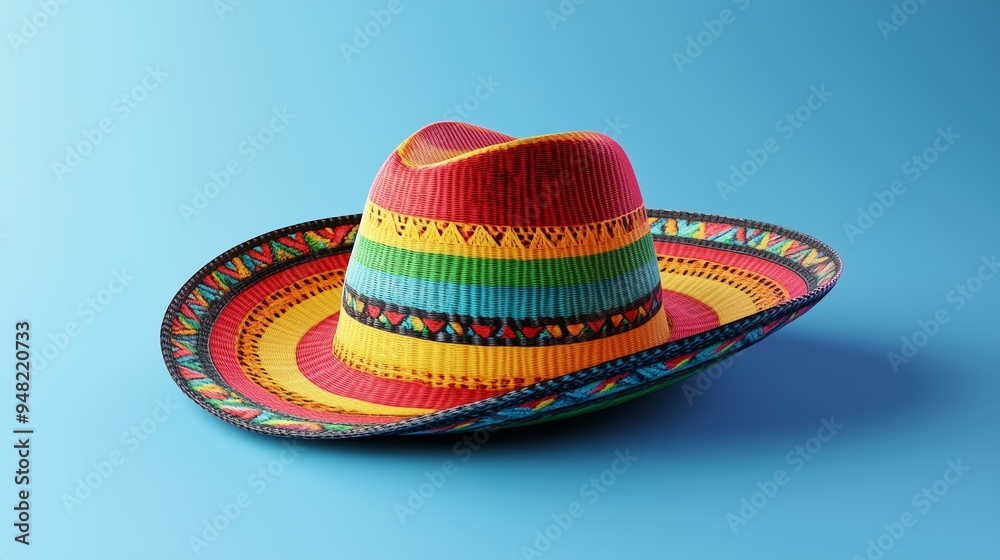 A vibrant sombrero with intricate patterns resting on a bright blue background in a playful setting A vibrant sombrero with intricate patterns resting on a bright blue background in a playful setting