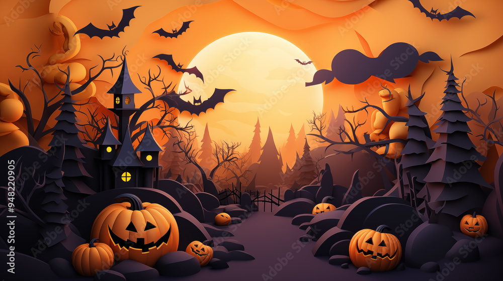 Illustration of Halloween holiday. Orange pumpkins, different scary decorations Illustration of Halloween holiday. Orange pumpkins, different scary decorations