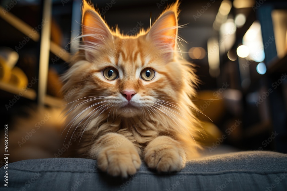 Beautiful ginger kitten Maine Coon is lying on the cat's special furniture., generative IA Beautiful ginger kitten Maine Coon is lying on the cat's special furniture., generative IA