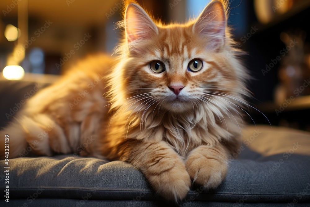 Beautiful ginger kitten Maine Coon is lying on the cat's special furniture., generative IA Beautiful ginger kitten Maine Coon is lying on the cat's special furniture., generative IA