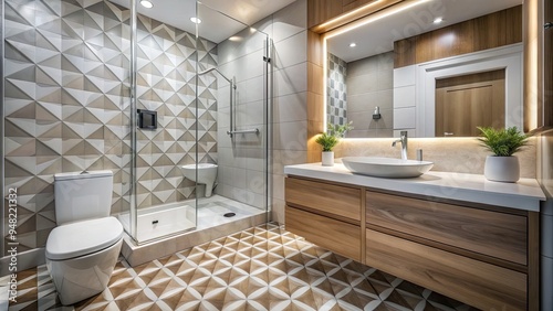 Sleek modern bathroom features geometric tile flooring, white sink basin, chrome faucet, soap dispenser, toilet, and spacious walk-in shower, exuding style and cleanliness. photo