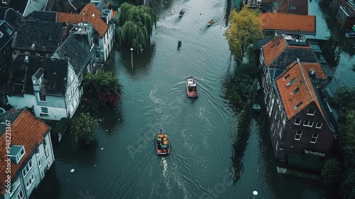 Aerial shot of a flooded city with rescue boats moving through waterlogged streets photo