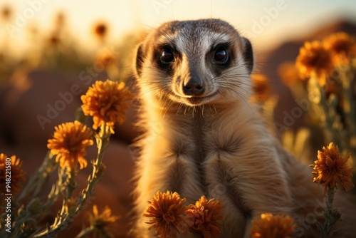 Meerkat on alert watching the sunset in the desert generated by IA, generative IA