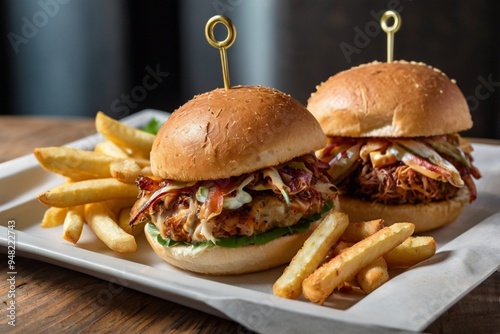 Three sliders with cheese and bacon, pulled pork and crab  served on buns, with a side of fries.