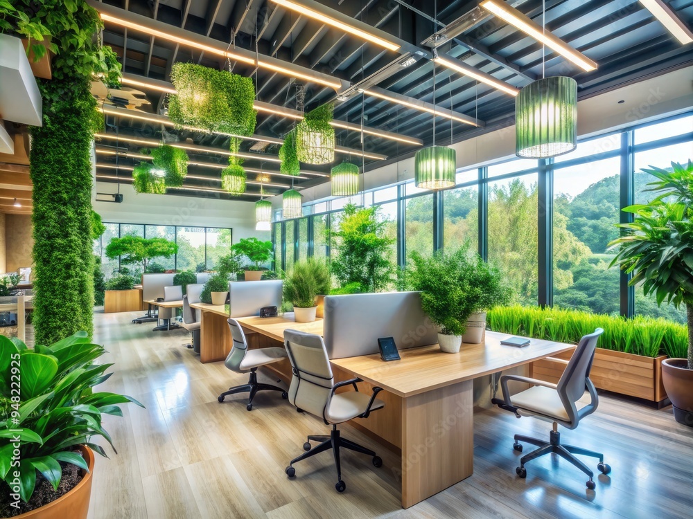 Contemporary office with lush greenery and bright natural light, showcasing a sustainable workplace environment and eco-friendly design for modern corporate spaces. Contemporary office with lush greenery and bright natural light, showcasing a sustainable workplace environment and eco-friendly design for modern corporate spaces.