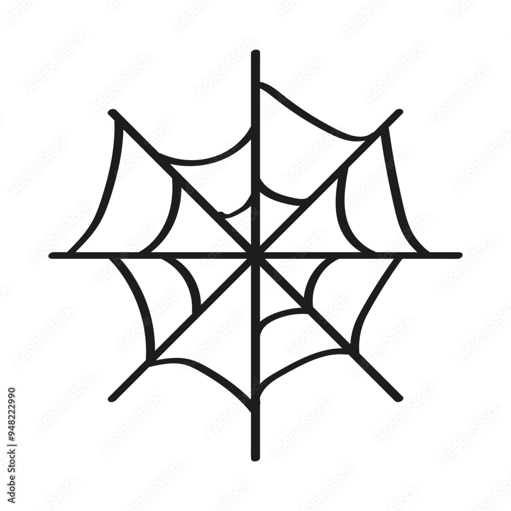 An illustration showing a black spider web icon on a white background. Halloween holiday