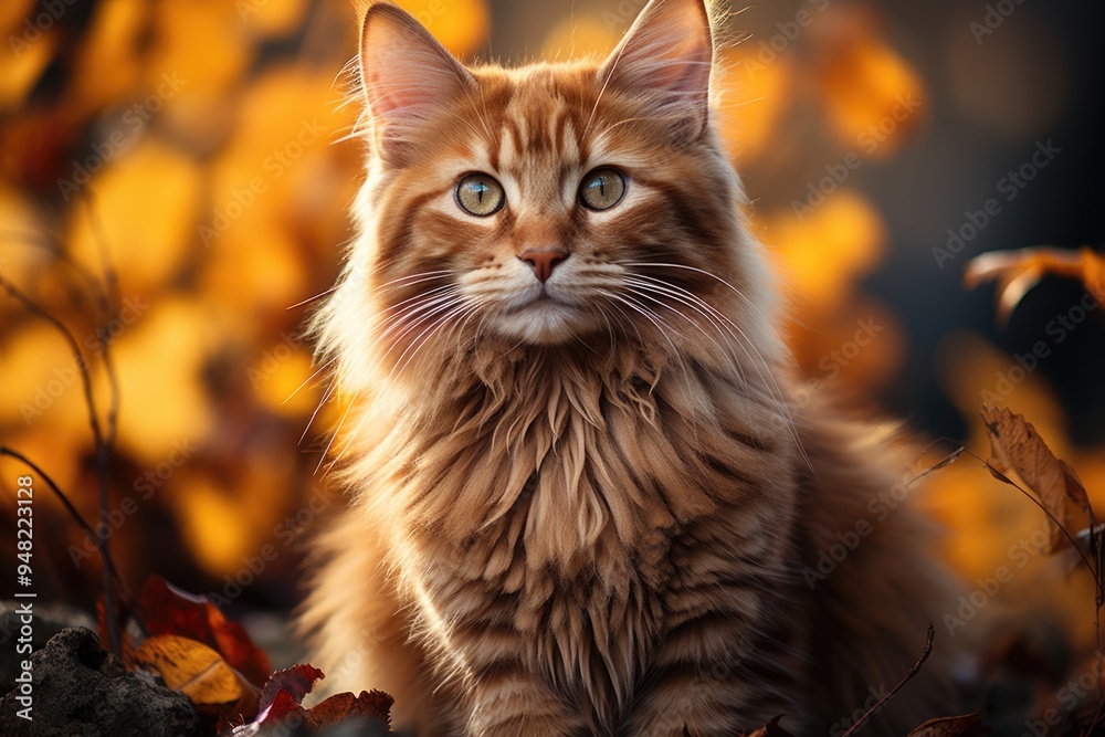 Portrait of a brown cat on a background of a fall landscape, generative IA Portrait of a brown cat on a background of a fall landscape, generative IA