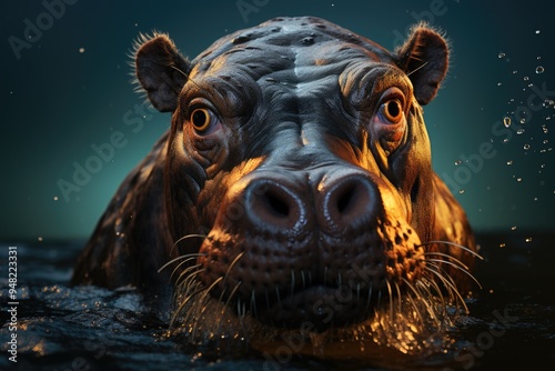 Portrait of a hippo in an illustration generated there in a dark background, generative IA photo