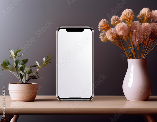 Smartphone mockup with blank screen on table with flowers in vase and potted houseplant