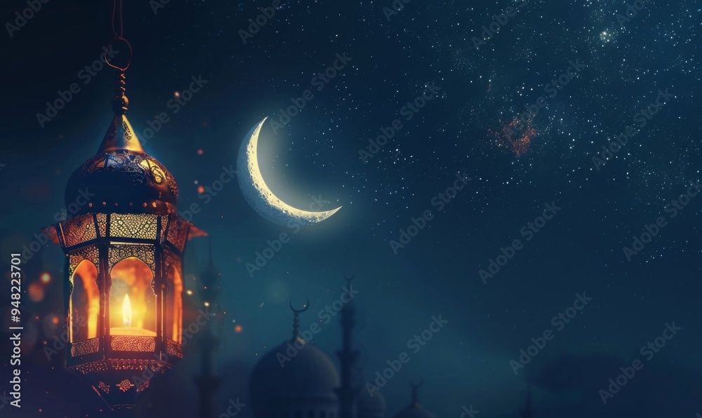 Obraz premium Ramadan advertising background concept, glowing lantern, crescent moon, mosque, copy space