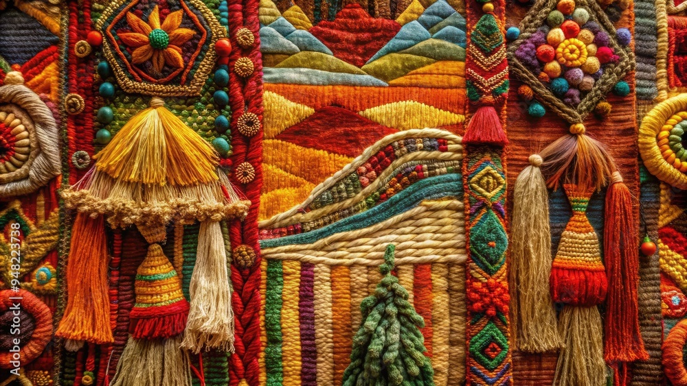 Fototapeta premium Vibrant textile artwork crafted with intricately woven fiber and cloth, showcasing masterful technique and attention to detail, evoking a sense of rustic, earthy sophistication.