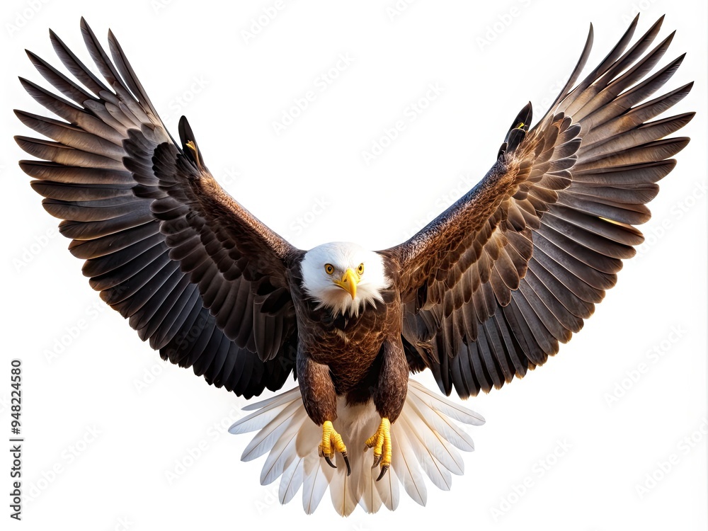 Obraz premium A majestic American bald eagle spreads its wings in mid-flight, soaring against a crisp white background, exuding power, freedom, and unbridled majesty in stunning high-resolution detail.