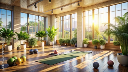 Sunlit yoga studio with meditation mats, dumbbells, and tropical plants, evoking a sense of serenity, wellness, and active living in a peaceful urban oasis setting. photo