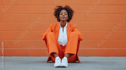 A confident woman dressed in an orange suit sits against an orange wall, exuding style, empowerment, and modern fashion sense against a minimalist backdrop. photo