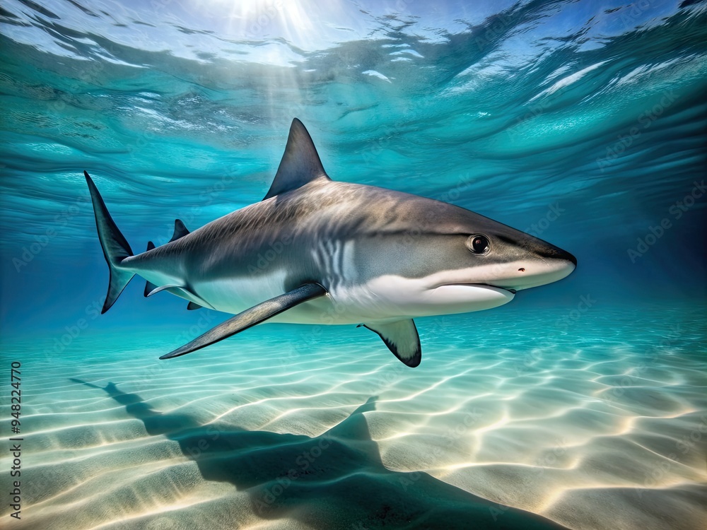 Obraz premium Majestic grey shark with a stark white belly and piercing black eyes glides effortlessly through crystal-clear turquoise ocean waters, showcasing its powerful physiology.
