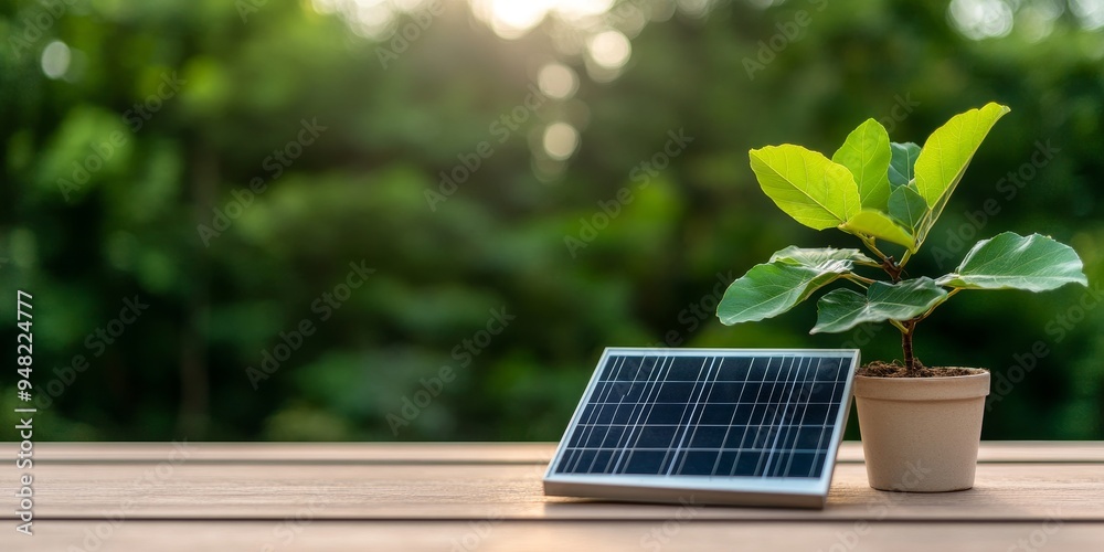 Fototapeta premium sustainable energy concept with solar panel and greenery on a wooden table.