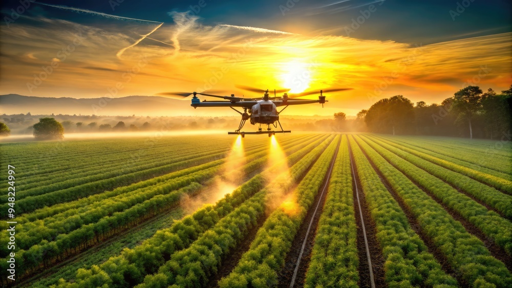 Golden morning light illuminates a sleek drone hovering above a lush green field, precisely spraying crops with a fine mist, symbolizing modern agricultural innovation. Golden morning light illuminates a sleek drone hovering above a lush green field, precisely spraying crops with a fine mist, symbolizing modern agricultural innovation.