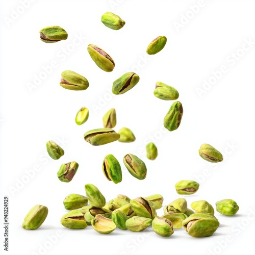 Close up of Falling pistachio isolated on white background