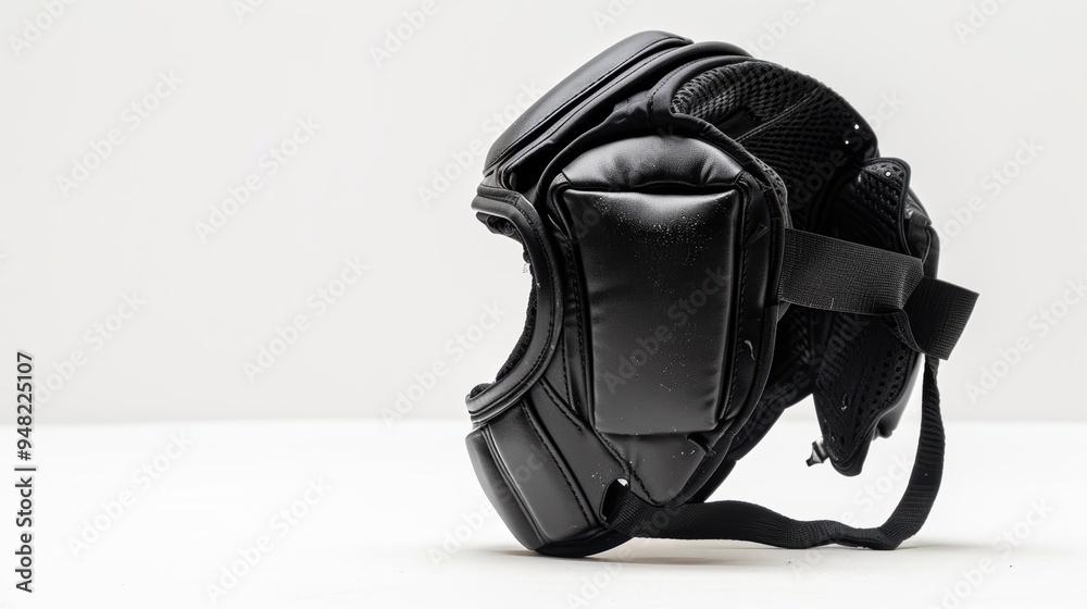 Black boxing helmet protecting the head of a fighter on white background Black boxing helmet protecting the head of a fighter on white background