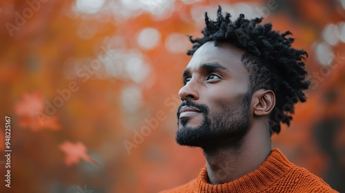 A thoughtful young man with short curly hair is captured in a close-up, gazing into the distance. His expression is one of contemplation against a vibrant autumn backdrop.