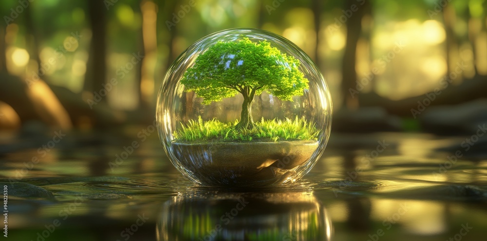 An image of a green tree inside a glass ball symbolizing environmental conservation An image of a green tree inside a glass ball symbolizing environmental conservation