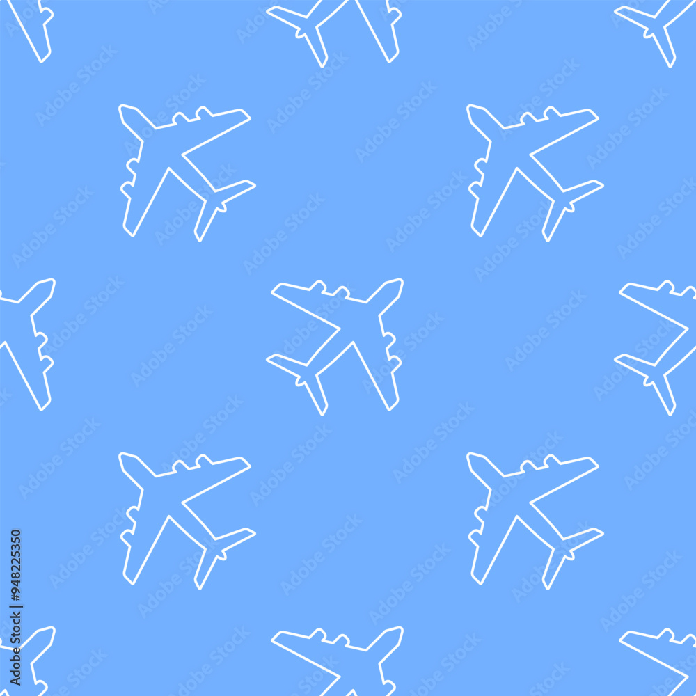 White line airplane icons on sky blue background. Vector seamless pattern. White line airplane icons on sky blue background. Vector seamless pattern.