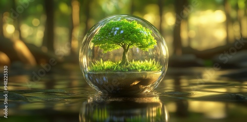 An image of a green tree inside a glass ball symbolizing environmental conservation