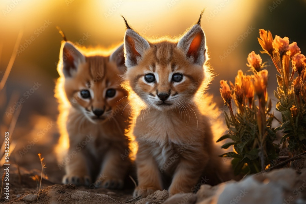 Wild Caracal View or Lynx Puppies in Nature, generative IA Wild Caracal View or Lynx Puppies in Nature, generative IA