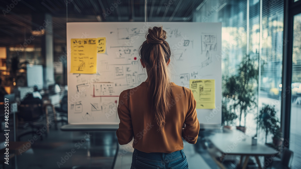 Fototapeta premium A young entrepreneur sketching ideas on a whiteboard in a modern office, surrounded by prototypes and innovative tools, representing the creativity and hard work that drive business success