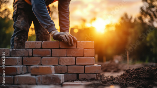 A construction worker laying bricks with precision on a building site at sunrise, the emerging structure behind them representing the tangible results of effort and teamwork