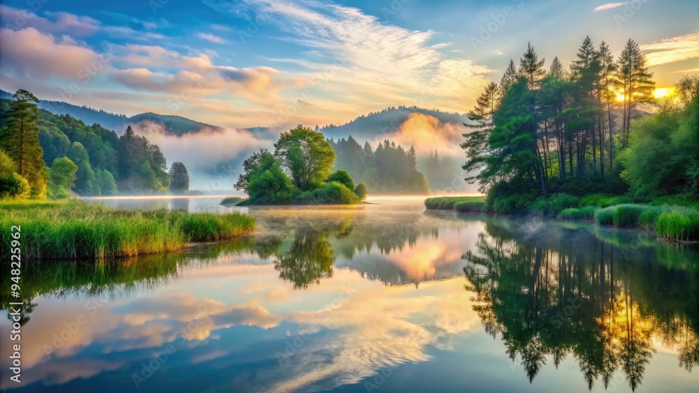 Fototapeta premium Serenity abounds in a tranquil landscape of lush greenery, soft mist, and a still lake, evoking a sense of calmness and inner harmony at dawn.