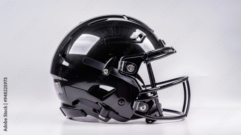 Fototapeta premium Black football helmet resting on white background