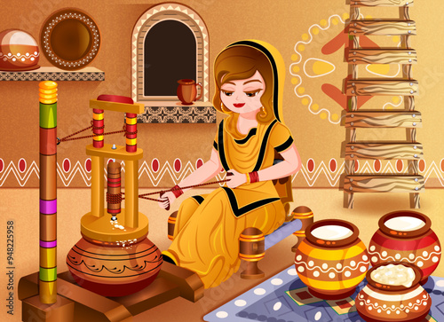 Punjabi Woman Churning Butter in a Traditional Mud House Hall - Authentic Rural Interior