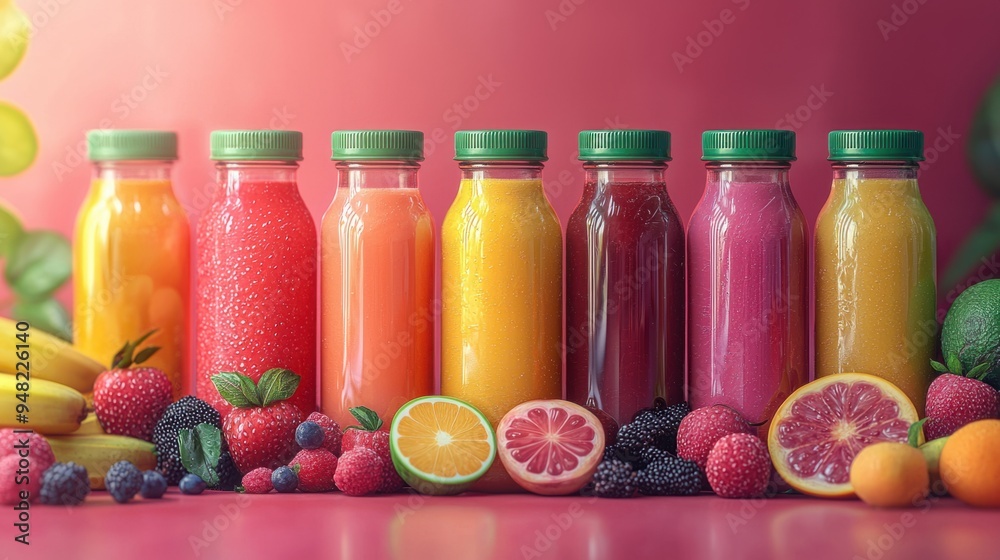 Vibrant 3D Illustration of Organic Juice Bottles Made from Fresh Fruits Vibrant 3D Illustration of Organic Juice Bottles Made from Fresh Fruits