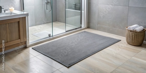 A sleek, absorbent bath mat with advanced quick-dry technology lies beside a sleek shower door, epitomizing practicality, efficiency, and modern bathroom convenience. photo