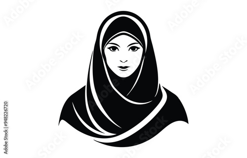 Elegant vector silhouette of a veiled woman in line art, capturing grace and mystery in a monochromatic palette.