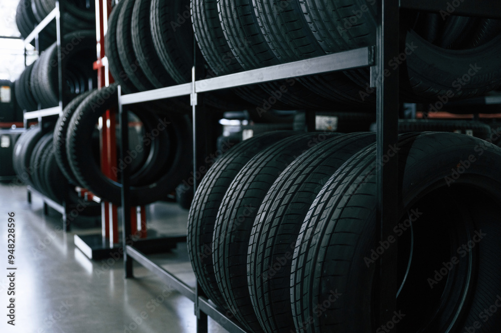 New tires are placed on the storage rack in the car workshop New tires are placed on the storage rack in the car workshop