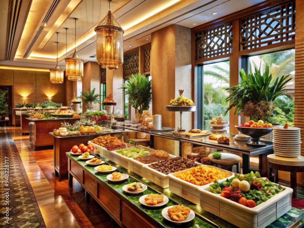 Elegant indoor buffet setting in a luxurious restaurant featuring a lavish spread of delicacies, beautifully arranged and expertly prepared by skilled culinary artisans. Elegant indoor buffet setting in a luxurious restaurant featuring a lavish spread of delicacies, beautifully arranged and expertly prepared by skilled culinary artisans.